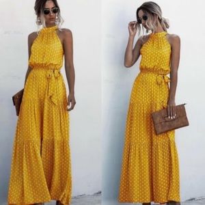 Boho polka dot belted layer ruffle halter dress